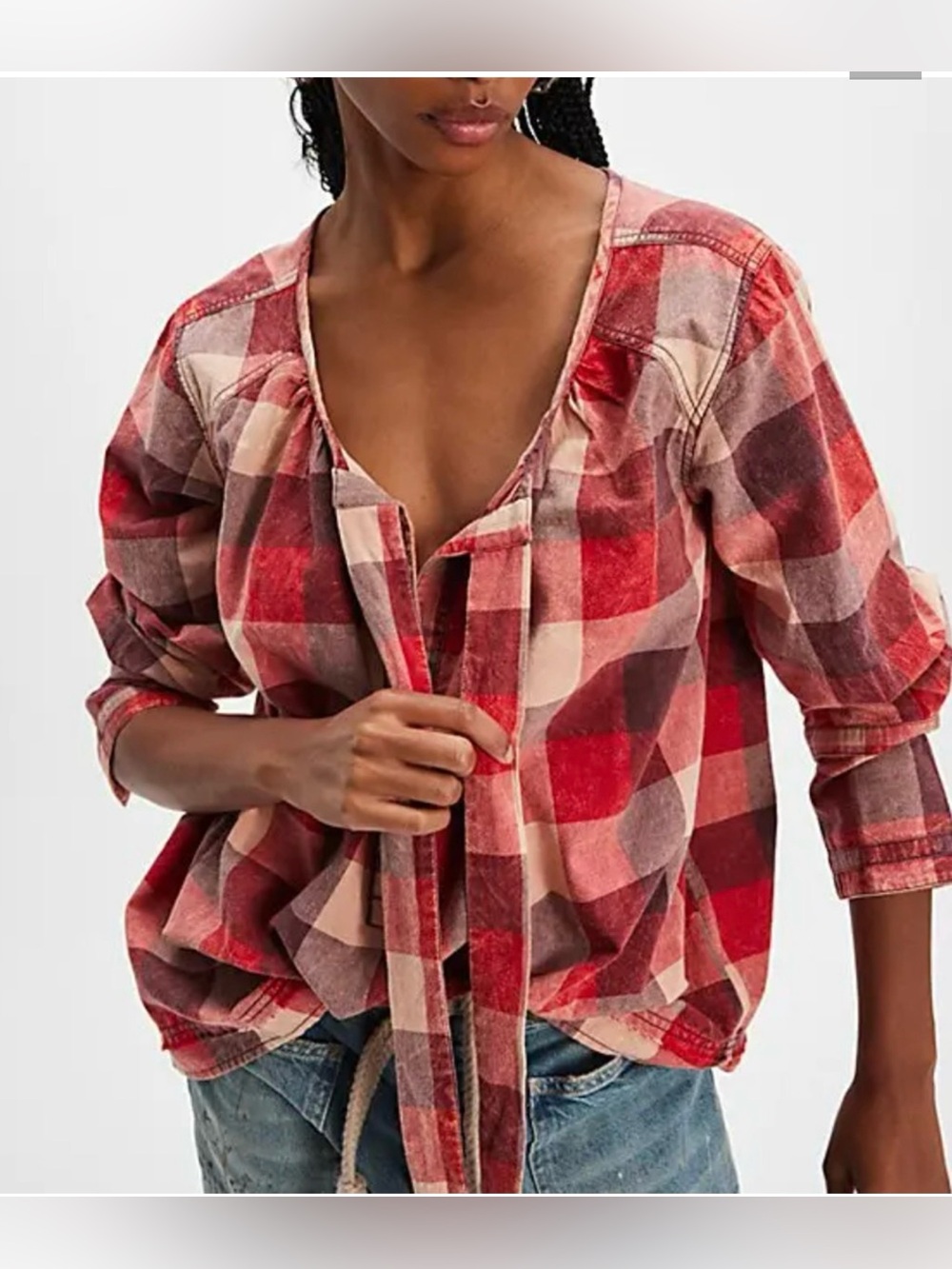 NEW FREE PEOPLE WE THE FREE RED COMBO BIG BOW PLAID PULLOVER SHIRT TOP SZ XS